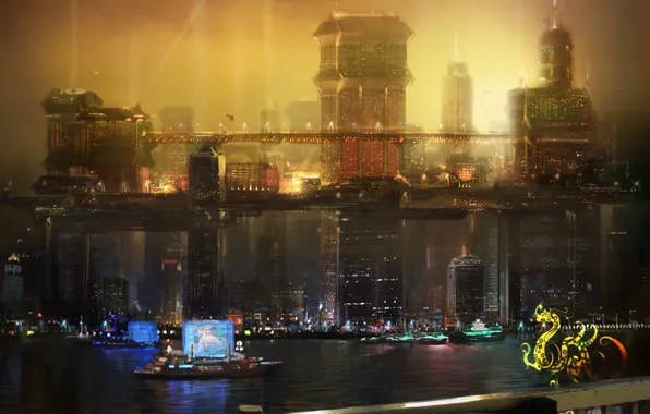 Picture night, the city, future, China, Deus Ex 3