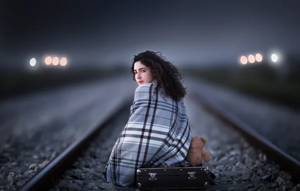 Girl, bear, railroad, suitcase