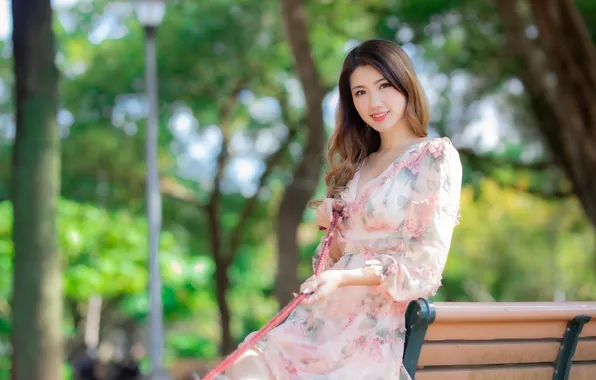 Asian, park, model, women, brunette, smiling, depth of field, looking at viewer