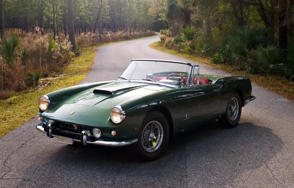 Road, forest, background, Ferrari, green, Ferrari, the front, Cabriolet