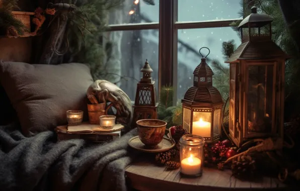 Comfort, heat, room, furniture, interior, pillow, candles, Christmas