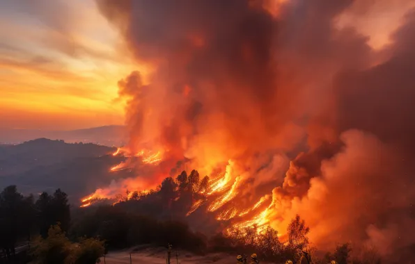 Trees, Smoke, Fire, Fire, Men, Digital art, AI art, The Art of Artificial Intelligence