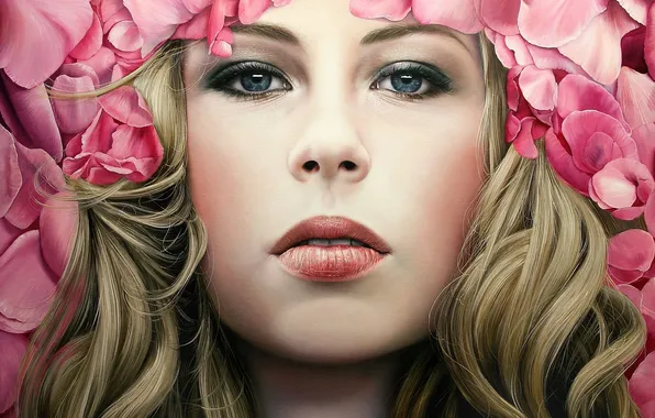 Girl, flowers, face, art, pink, curls, Christiane Vleugels