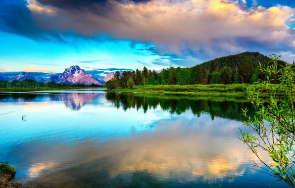 Picture forest, the sky, clouds, trees, mountains, reflection, blue, River