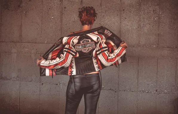 Picture girl, background, back, Harley-Davidson, leather jacket