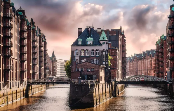 Bridge, the city, Windows, building, home, Germany, floors, Hamburg