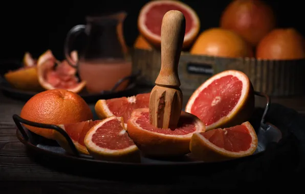 The dark background, pitcher, fruit, a lot, wooden, grapefruit, tray, bokeh