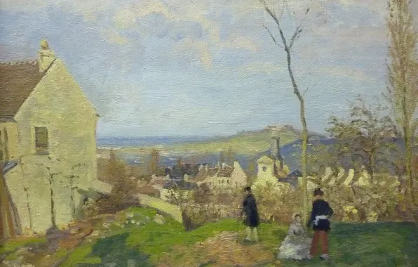 Landscape, house, people, picture, Camille Pissarro, Louveciennes with Mont valérien in the background
