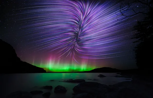 Stars, Northern lights, Canada, Moosehead Lake, Mount Kineo
