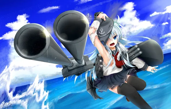 The sky, girl, clouds, weapons, the ocean, anime, art, kantai collection