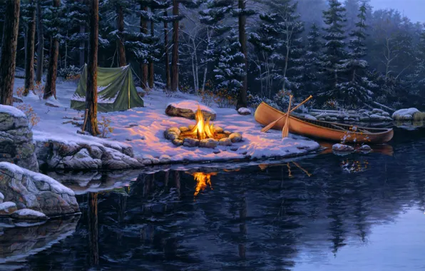 Picture winter, forest, snow, lake, the moon, boat, spruce, the fire