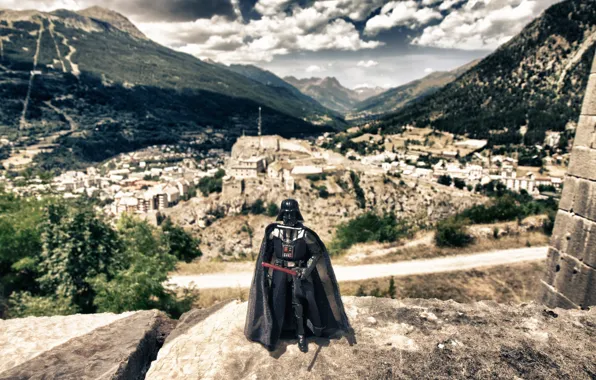 Mountains, the city, Darth Vader, Darth Vader, lightsaber