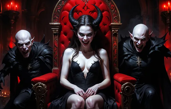Girl, chair, horns, vampires