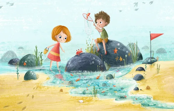 Sea, summer, children, stay, figure, illustration, children's, Lucy Fleming