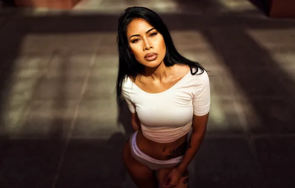 Girl, pose, panties, makeup, figure, brunette, tattoo, t-shirt