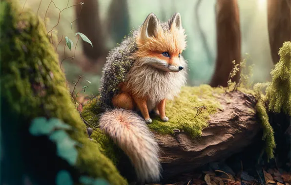 Forest, nature, rendering, tree, graphics, animal, baby, Fox