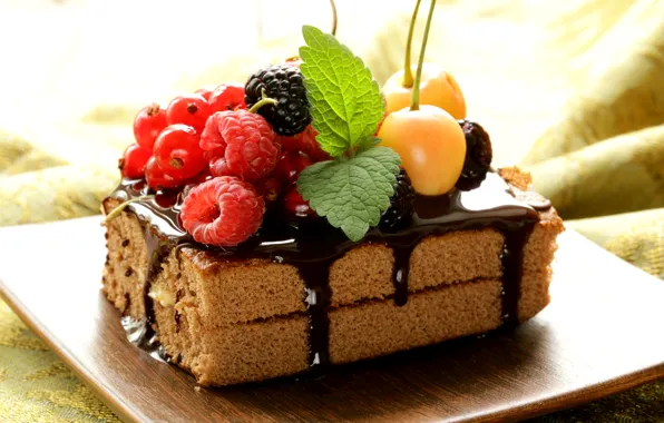 Picture berries, raspberry, chocolate, cake, cake, mint, dessert, currants