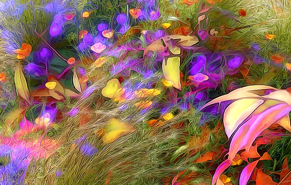 Picture field, grass, flowers, abstraction, rendering, meadow