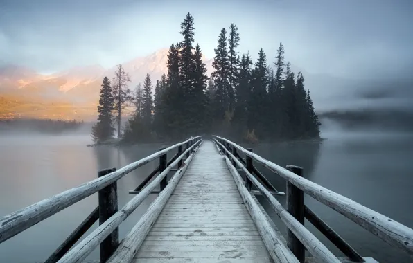 Picture bridge, fog, Canada, Pyramid Island
