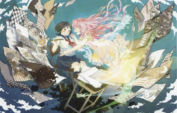 Picture fantasy, the wind, magic, figure, feathers, schoolgirl, desks, imagination