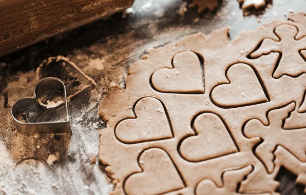 Heart, cookies, flour, the dough, molds