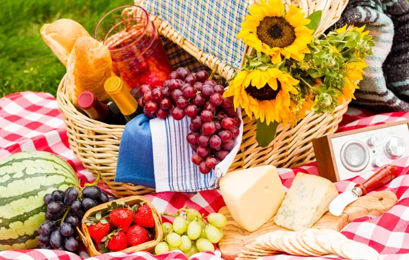 Grass, sunflowers, berries, wine, basket, glade, watermelon, cheese