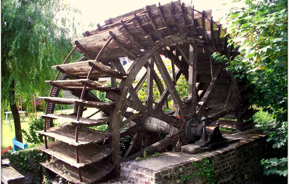 Trees, bricks, Water mill