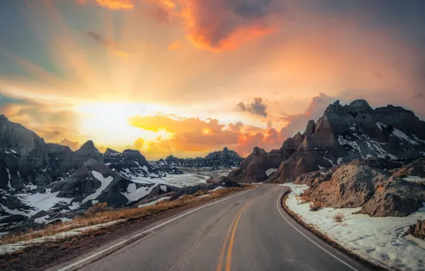 Winter, road, snow, landscape, sunset, mountains, road, landscape
