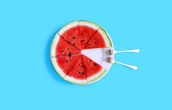 Two, round, watermelon, plate, pieces, blue background, slices, fork