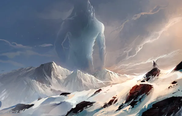 Snow, landscape, mountains, rocks, spirit, being, art, giant