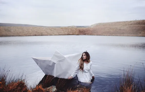 Picture girl, river, boat