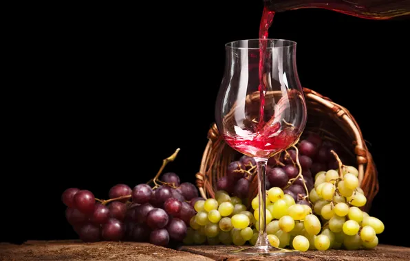 Wine, basket, glass, grapes