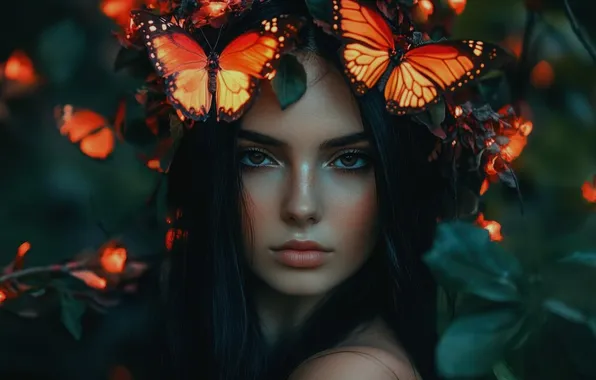 Look, girl, butterfly, brunette, full face, digital art, neural network, generated by AI