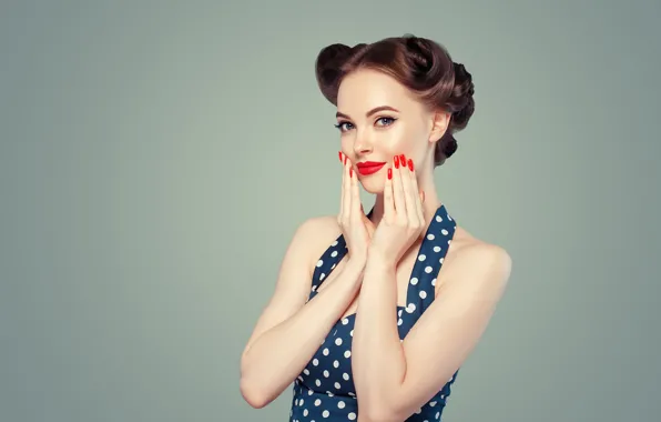 Girl, red, style, retro, model, hands, makeup, dress