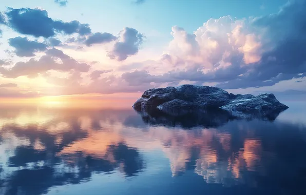 The sun, clouds, landscape, nature, lake, reflection, blue, stones