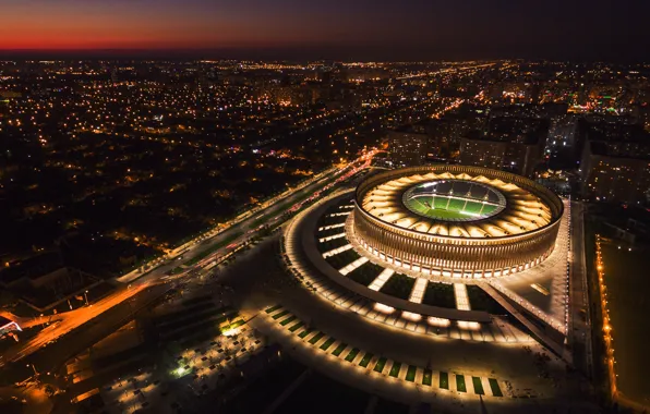 Sunset, Night, The city, Russia, The view from the top, Stadium, Football club, Bulls