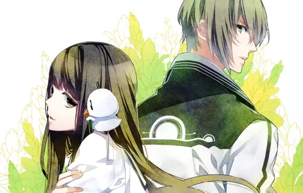 Leaves, bird, two, school uniform, long hair, back to back, visual novel, norn9