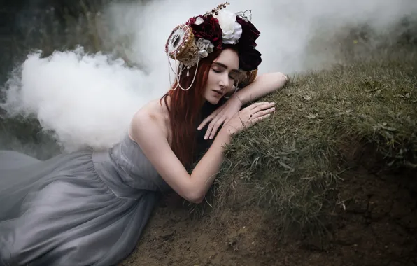 Girl, flowers, nature, pose, fog, smoke, sleep, roses