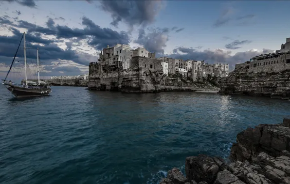 Picture sea, rocks, ship, home, Italy, Polignano a Mare
