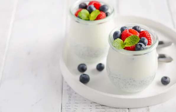 Berries, raspberry, blueberries, jars, pudding, Chia