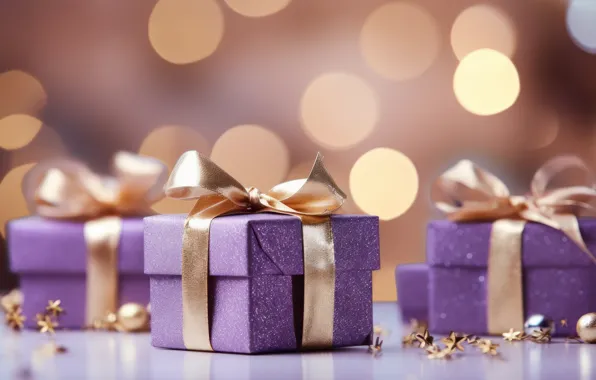 Lights, Christmas, gifts, New year, bows, gold, lilac, box