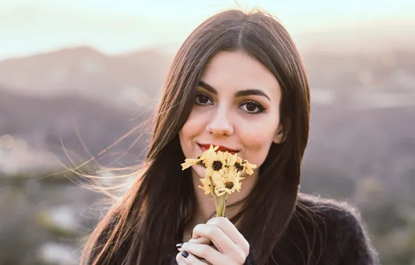 Picture look, girl, flowers, model, hair, makeup, actress, brunette