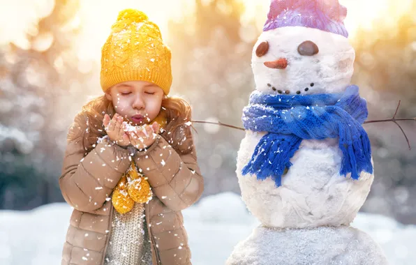 Picture Winter, Children, Girl, Snowflakes, Snowman, Caps