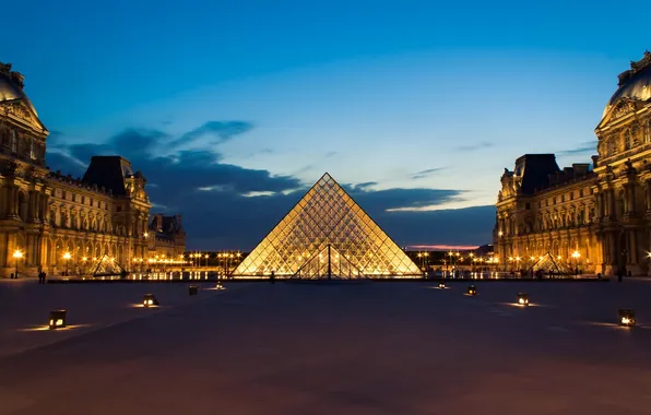 The city, lights, France, Paris, the evening, The Louvre, lighting, lights