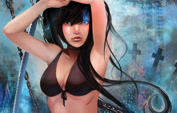 Crosses, star, sword, katana, art, chain, black rock shooter, mato kuroi