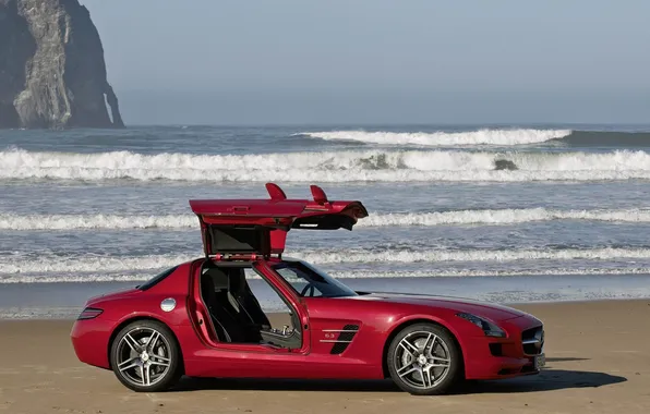 Wave, red, the ocean, Mercedes-Benz, SLS AMG