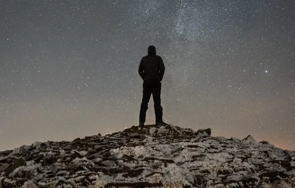 Picture people, silhouette, hill, top, looks, starry sky