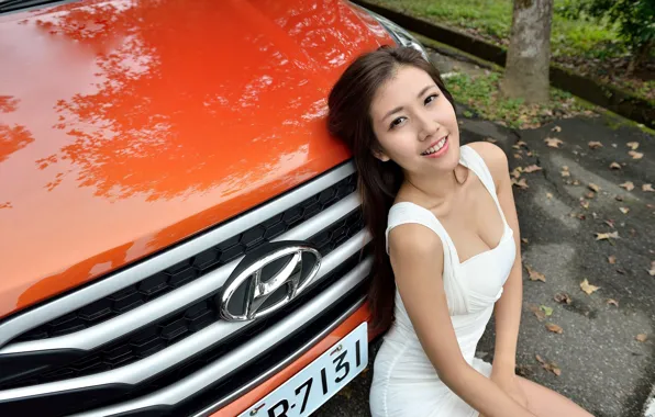 Auto, look, Girls, Asian, Hyundai, beautiful girl, posing on the car