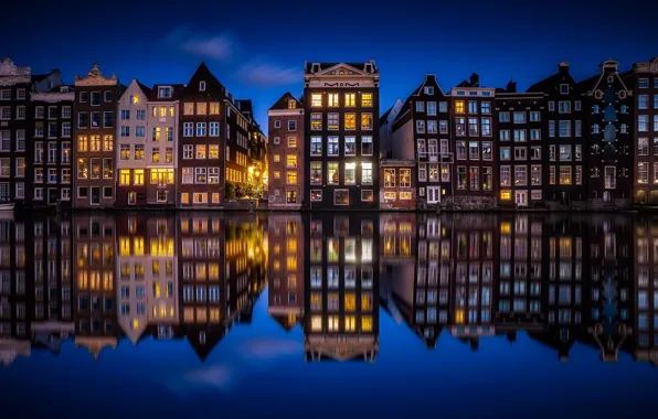 Picture reflection, night, the city, lights, home, Amsterdam, channel, Netherlands