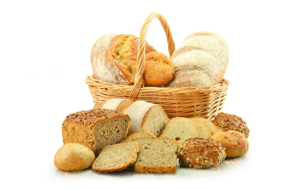 Picture basket, bread, cakes, buns, chunks, baton
